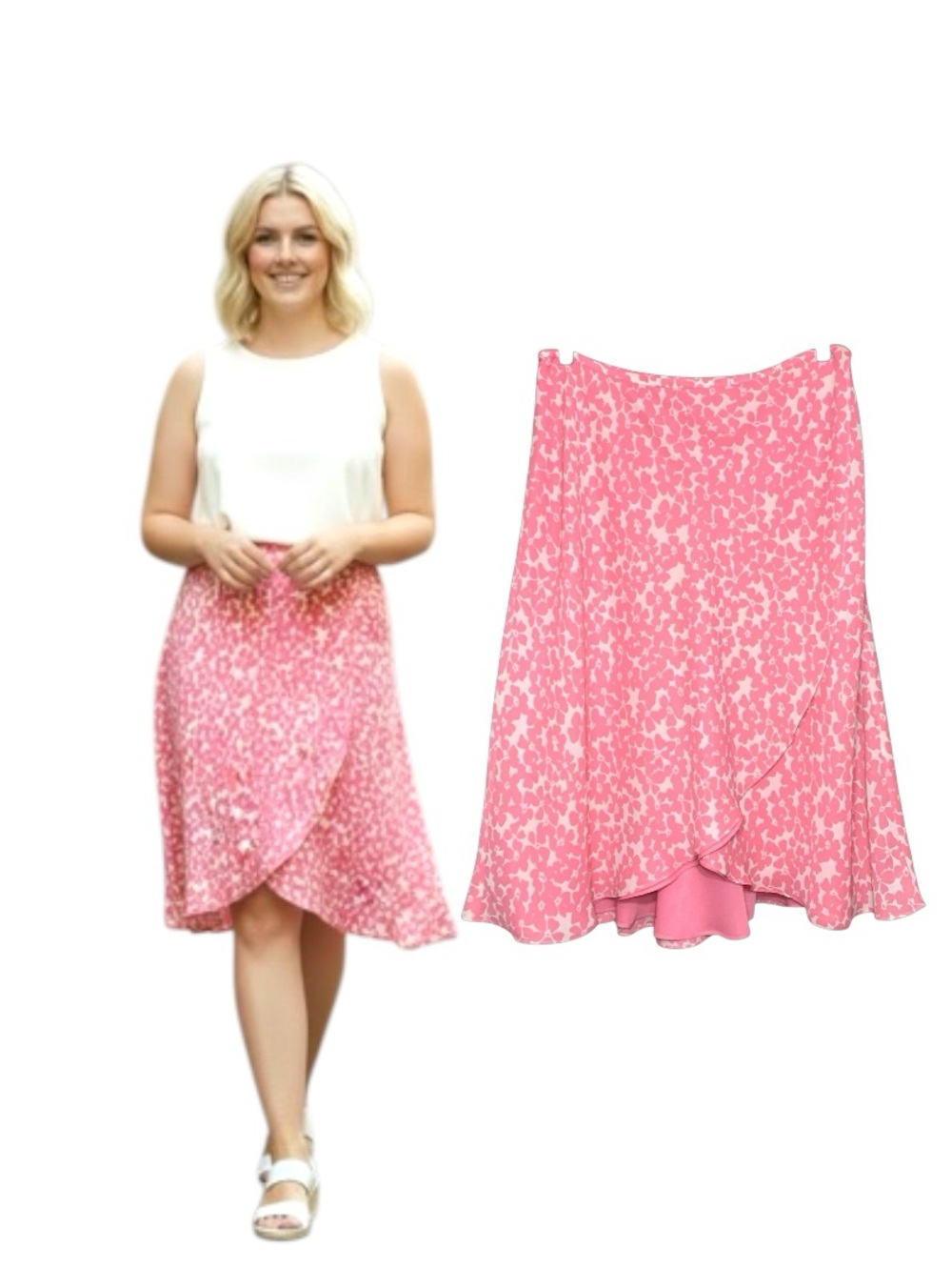 Kasper Pink Floral Crepe Wrap Midi Skirt Sz 14p Feminine Layered Casual Dress